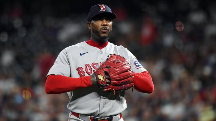 Boston Red Sox pitcher Aroldis Chapman (44) after allowing a hit in the ninth inning against the Colorado Rockies at Coors Field. Mandatory Credit: Christopher Hanewinckel-Imagn Images
