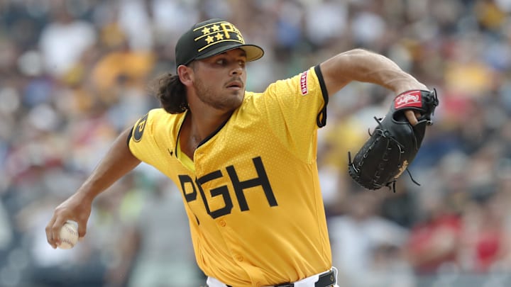 Jun 22, 2024; Pittsburgh, Pennsylvania, USA;  Pittsburgh Pirates starting pitcher Jared Jones (37) delivers a pitch against the Tampa Bay Rays during the first inning at PNC Park. Mandatory Credit: Charles LeClaire-Imagn Images