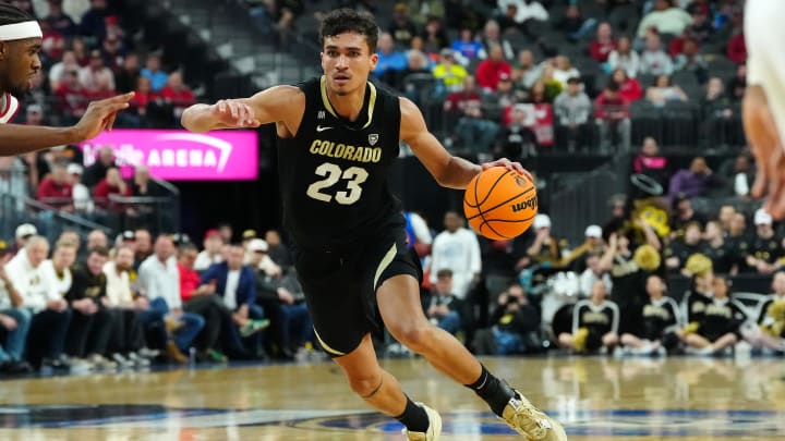 Colorado Buffaloes forward Tristan da Silva (23) dribbles against the Washington State Cougars during the first half at T-Mobile Arena. 