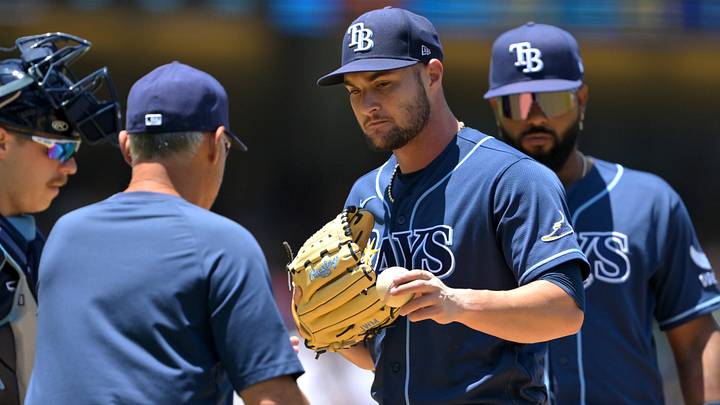 Jun 17, 2026: Tampa Bay Rays manager Kevin Cash (10) pulls starting pitcher Shane McClanahan (18) from the fifth inning against the Los Angeles Dodgers at Dodger Stadium. Credit: Jayne Kamin-Oncea-Imagn Images