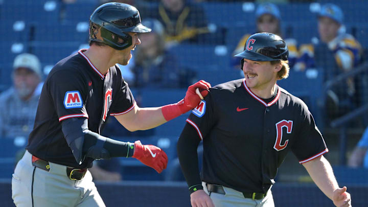 Feb 21, 2026: Cleveland Guardians right fielder Nolan Jones (22), left, is congratulated by Cleveland Guardians first baseman Kyle Manzardo (9) after hitting a 3-run home run in the fifth inning against the Milwaukee Brewers at American Family Fields of Phoenix. Feb 21, 2026: Cleveland Guardians right fielder Nolan Jones (22), left, is congratulated by Cleveland Guardians first baseman Kyle Manzardo (9) after hitting a 3-run home run in the fifth inning against the Milwaukee Brewers at American Family Fields of Phoenix.