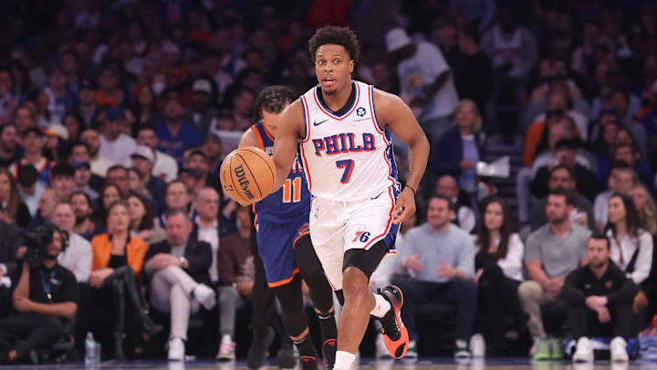 Apr 30, 2024; New York, New York, USA; Philadelphia 76ers guard Kyle Lowry (7) brings the ball up court against New York Knicks guard Jalen Brunson (11) during the first quarter of game 5 of the first round of the 2024 NBA playoffs at Madison Square Garden. Mandatory Credit: Brad Penner-Imagn Images