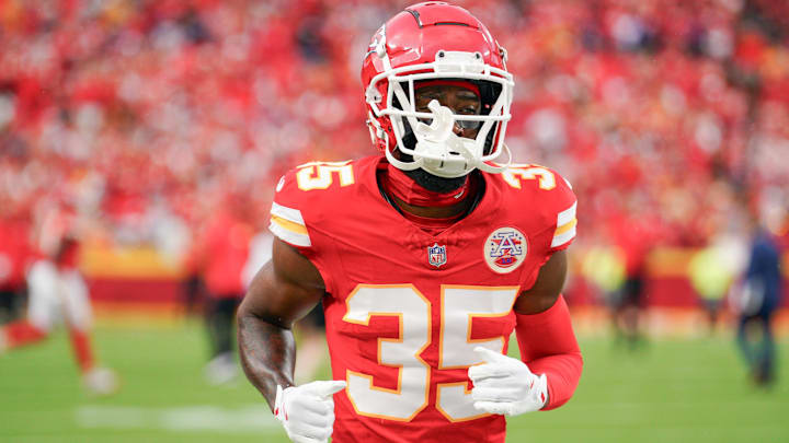 Sep 5, 2024; Kansas City, Missouri, USA; Kansas City Chiefs cornerback Jaylen Watson (35) runs on field against the Baltimore Ravens prior to a game at GEHA Field at Arrowhead Stadium. Mandatory Credit: Denny Medley-Imagn Images Sep 5, 2024; Kansas City, Missouri, USA; Kansas City Chiefs cornerback Jaylen Watson (35) runs on field against the Baltimore Ravens prior to a game at GEHA Field at Arrowhead Stadium. Mandatory Credit: Denny Medley-Imagn Images