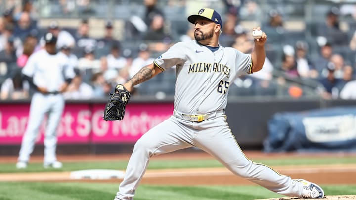 Mar 29, 2025; Bronx, New York, USA; Milwaukee Brewers starting pitcher Nestor Cortes (65) pitches in the first inning against the New York Yankees at Yankee Stadium. Mandatory Credit: Wendell Cruz-Imagn Images