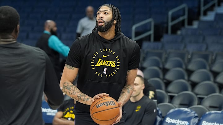 Jan 27, 2025; Charlotte, North Carolina, USA; Los Angeles Lakers forward Anthony Davis (3) during pregame warm ups against the Charlotte Hornets at the Spectrum Center. Mandatory Credit: Jim Dedmon-Imagn Images