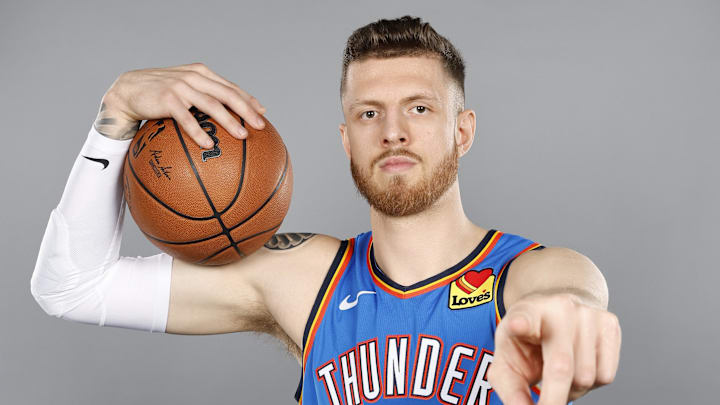 Sep 30, 2024; Oklahoma City, OK, USA; Oklahoma City Thunder center Isaiah Hartenstein poses for a photo during Oklahoma City Thunder Media Day at Paycom Center. Mandatory Credit: Alonzo Adams-Imagn Images