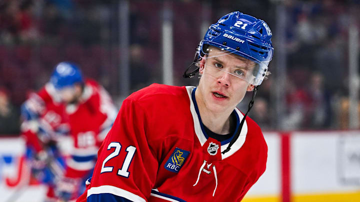 Jan 19, 2025; Montreal, Quebec, CAN; Montreal Canadiens defenseman Kaiden Guhle (21) looks on during warm-up before the game against the New York Rangers at Bell Centre. Mandatory Credit: David Kirouac-Imagn Images