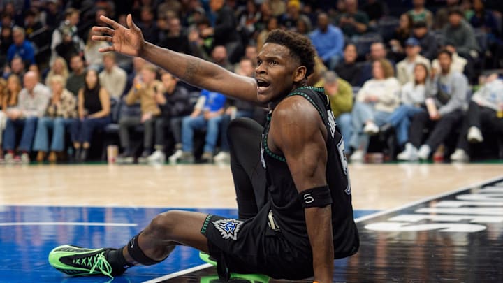 Nov 29, 2025; Minneapolis, Minnesota, USA; Minnesota Timberwolves guard Anthony Edwards (5) calls for a foul on the Boston Celtics in the third quarter at Target Center.