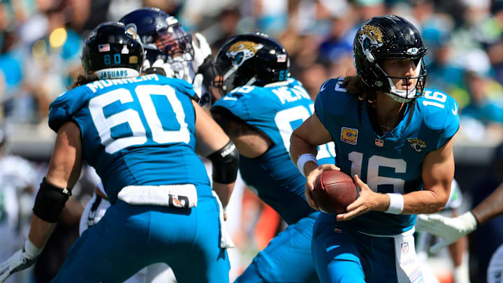 Jacksonville Jaguars quarterback Trevor Lawrence (16) during the second quarter of an NFL football matchup, Sunday, Oct. 12, 2025, at EverBank Stadium in Jacksonville, Fla. The Seahawks defeated the Jaguars 20-12. [Corey Perrine/Florida Times-Union]