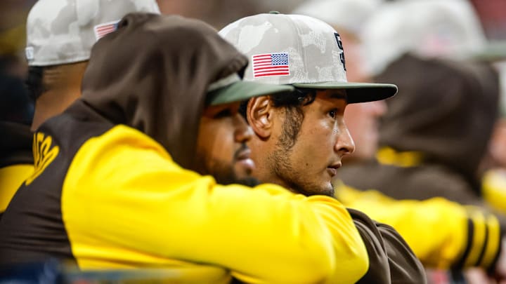 May 17, 2025; San Diego, California, USA; San Diego Padres Yu Darvish (11) watches play during the ninth inning against the Seattle Mariners at Petco Park. Mandatory Credit: David Frerker-Imagn Images