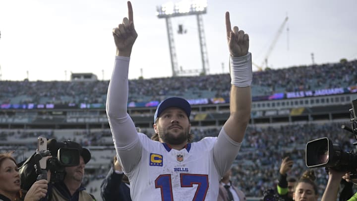 Jan 11, 2026; Jacksonville, FL, USA; Buffalo Bills quarterback Josh Allen (17) after an AFC Wild Card Round game against the Jacksonville Jaguars at EverBank Stadium. Mandatory Credit: Melina Myers-Imagn Images