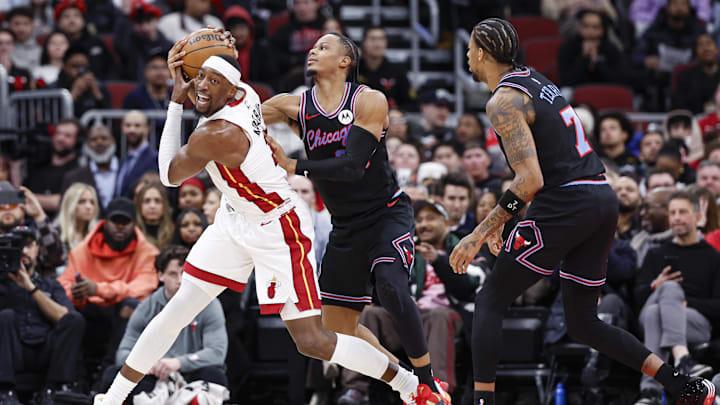 Jan 29, 2026; Chicago, Illinois, USA; Chicago Bulls forward Isaac Okoro (35) defends against Miami Heat center Bam Adebayo (13) during the first half at United Center. Mandatory Credit: Kamil Krzaczynski-Imagn Images Jan 29, 2026; Chicago, Illinois, USA; Chicago Bulls forward Isaac Okoro (35) defends against Miami Heat center Bam Adebayo (13) during the first half at United Center. Mandatory Credit: Kamil Krzaczynski-Imagn Images
