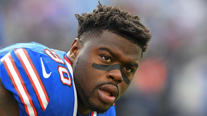 Nov 24, 2019; Orchard Park, NY, USA; Buffalo Bills defensive end Shaq Lawson (90) warms up prior to the game against the Denver Broncos at New Era Field.
