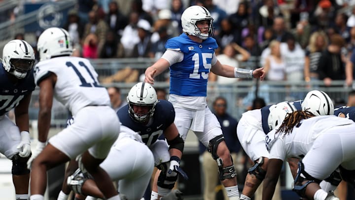 Penn State Nittany Lions quarterback Drew Allar (15) calls a play from the line of scrimmage during the Blue-White Game at Beaver Stadium. 