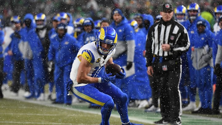 Jan 19, 2025; Philadelphia, Pennsylvania, USA; Los Angeles Rams wide receiver Cooper Kupp (10) catches a pass against the Philadelphia Eagles in the first half in a 2025 NFC divisional round game at Lincoln Financial Field. Jan 19, 2025; Philadelphia, Pennsylvania, USA; Los Angeles Rams wide receiver Cooper Kupp (10) catches a pass against the Philadelphia Eagles in the first half in a 2025 NFC divisional round game at Lincoln Financial Field.