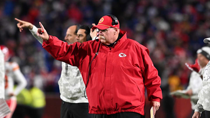 Nov 17, 2024; Orchard Park, New York, USA; Kansas City Chiefs head coach Andy Reid signals to go for one point after a touchdown  against the Buffalo Bills in the fourth quarter at Highmark Stadium. Mandatory Credit: Mark Konezny-Imagn Images