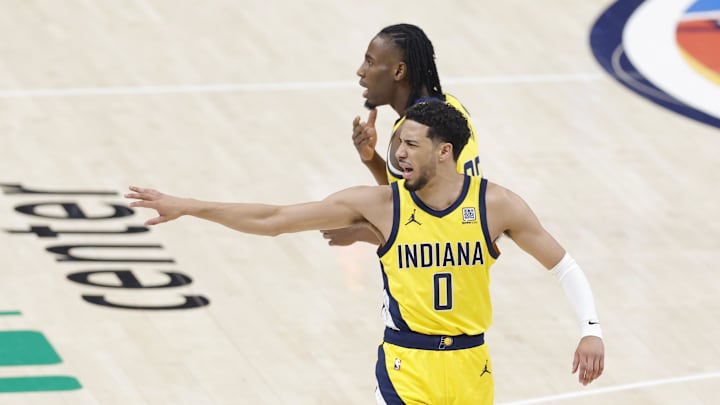 Jun 22, 2025; Oklahoma City, Oklahoma, USA; Indiana Pacers guard Tyrese Haliburton (0) reacts after a play against the Oklahoma City Thunder during the first half of game seven of the 2025 NBA Finals at Paycom Center. Mandatory Credit: Alonzo Adams-Imagn Images