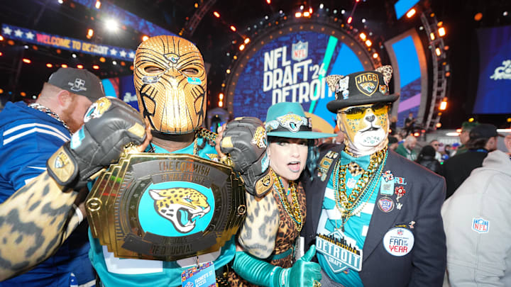 Apr 25, 2024; Detroit, MI, USA; Jacksonville Jaguars fans pose for a photograph during the 2024 NFL