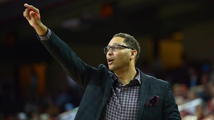 Jan 14, 2015; Los Angeles, CA, USA; Southern California Trojans associate head coach Tony Bland gestures during the game against the UCLA Bruins at Galen Center. UCLA defeated USC 83-66.  Mandatory Credit: Kirby Lee-Imagn Images