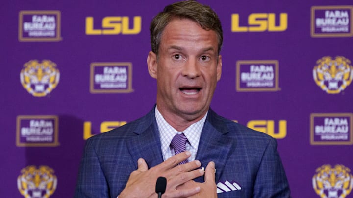 LSU new head coach Lane Kiffin speaks at South Stadium Club at Tiger Stadium.