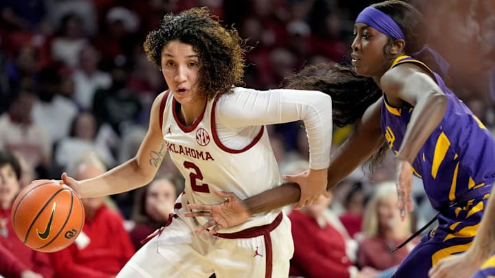 Oklahoma guard Aaliyah Chavez drives into the lane against LSU. Oklahoma guard Aaliyah Chavez drives into the lane against LSU.