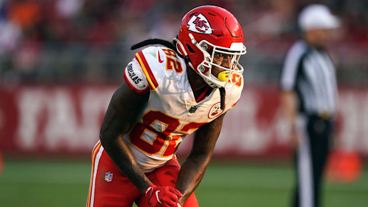 Aug 14, 2021; Santa Clara, California, USA; Kansas City Chiefs wide receiver Daurice Fountain (82) lines up during the third quarter against the San Francisco 49ers at Levi's Stadium.