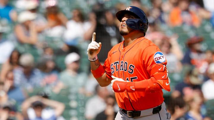 Jun 28, 2026; Detroit, Michigan, USA;  Houston Astros third baseman Isaac Paredes (15) celebrates after he hits a home run in the eighth inning against the Detroit Tigers at Comerica Park. Mandatory Credit: Rick Osentoski-Imagn Images