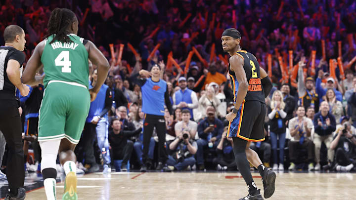 Jan 5, 2025; Oklahoma City, Oklahoma, USA; Oklahoma City Thunder guard Shai Gilgeous-Alexander (2) reacts after scoring against the Boston Celtics during the fourth quarter at Paycom Center. Mandatory Credit: Alonzo Adams-Imagn Images