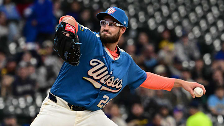 Apr 10, 2026; Milwaukee, Wisconsin, USA;  Milwaukee Brewers pitcher Aaron Ashby (26) warms up in the teams new City Connect uniform before game against the Washington Nationals at American Family Field. Mandatory Credit: Benny Sieu-Imagn Images