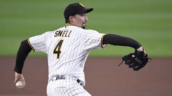 Sep 19, 2023; San Diego, California, USA; San Diego Padres starting pitcher Blake Snell (4) throws a