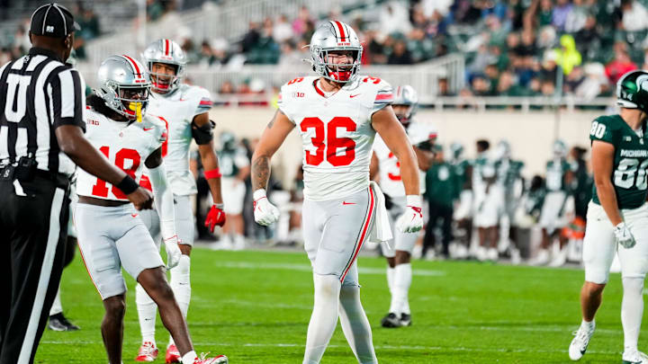 Sep 28, 2024; East Lansing, Michigan, USA; Ohio State Buckeyes linebacker Gabe Powers (36) reacts in the second half at Spartan Stadium on Saturday. Sep 28, 2024; East Lansing, Michigan, USA; Ohio State Buckeyes linebacker Gabe Powers (36) reacts in the second half at Spartan Stadium on Saturday.