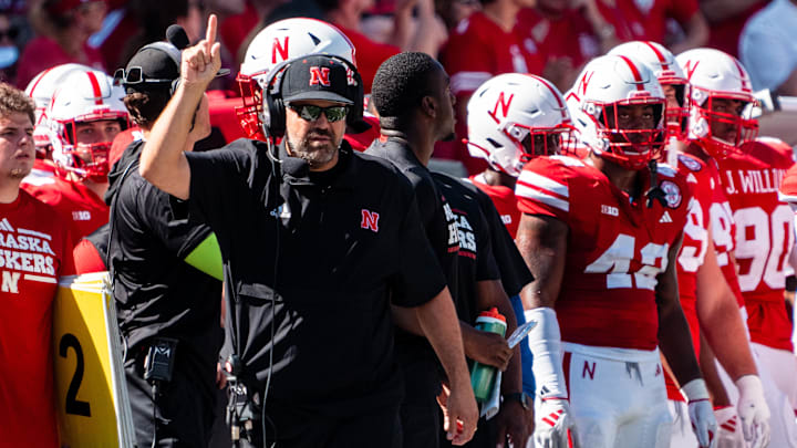 Aug 31, 2024; Lincoln, Nebraska, USA; Nebraska Cornhuskers head coach Matt Rhule reacts during the second quarter against the UTEP Miners at Memorial Stadium. Mandatory Credit: Dylan Widger-Imagn Images