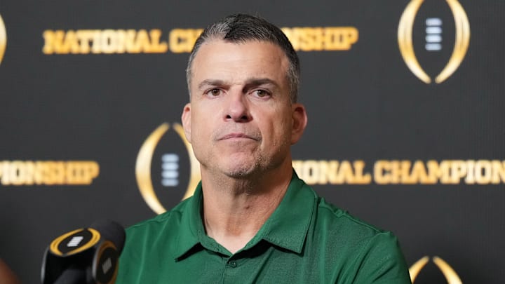Jan 19, 2026; Miami Gardens, FL, USA; Miami Hurricanes head coach Mario Cristobal at press conference after 27-21 loss to the Indiana Hoosiers in the CFP National Championship college football game at Hard Rock Stadium. Mandatory Credit: Kirby Lee-Imagn Images