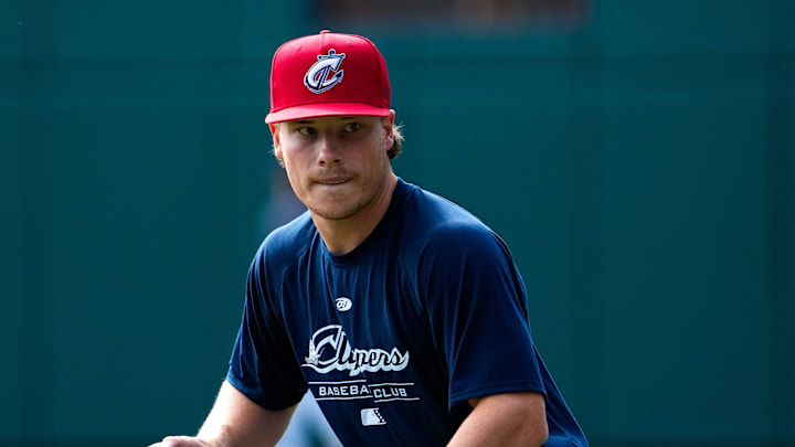 Columbus Clippers’s Travis Bazzana holds the ball during practice at Huntington Park on Wednesday, March 25, 2026 in Columbus, Ohio.
