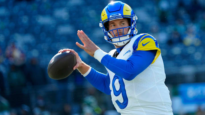 Los Angeles Rams quarterback Matthew Stafford (9) prepares for the game, Sunday, December 22, 2024, at East Rutherford. Los Angeles Rams quarterback Matthew Stafford (9) prepares for the game, Sunday, December 22, 2024, at East Rutherford.