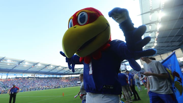 Big Jay, the Kansas Jayhawks mascot, cheers on his team before they take on the Lindenwood Lions at Children's Mercy Park on Thursday, August 29, 2024.