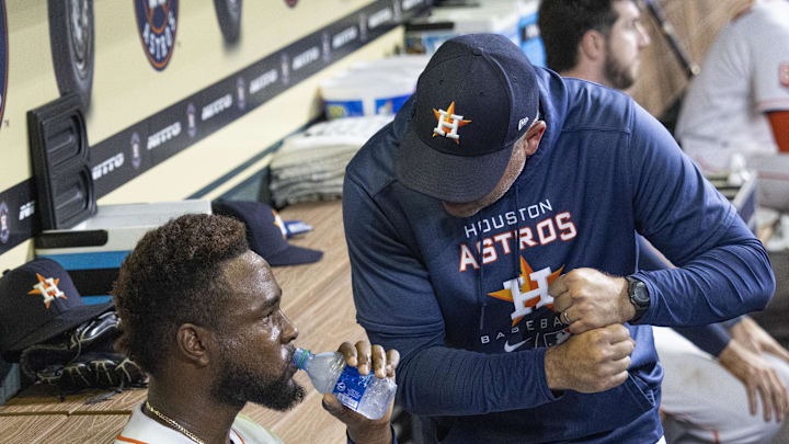 Jul 6, 2022; Houston, Texas, USA; Houston Astros pitching coach Bill Murphy (95) talks with starting pitcher Cristian Javier (53) while the Astros bat against the Kansas City Royals in the fourth inning at Minute Maid Park. Mandatory Credit: Thomas Shea-Imagn Images Jul 6, 2022; Houston, Texas, USA; Houston Astros pitching coach Bill Murphy (95) talks with starting pitcher Cristian Javier (53) while the Astros bat against the Kansas City Royals in the fourth inning at Minute Maid Park. Mandatory Credit: Thomas Shea-Imagn Images