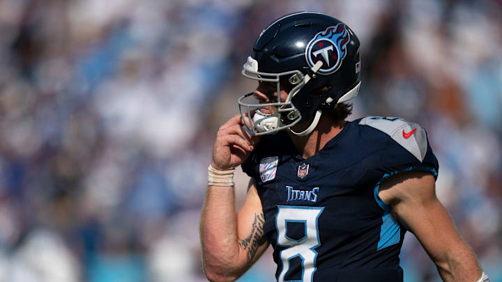 Tennessee Titans quarterback Will Levis (8) heads off the field after throwing a fourth quarter interception against the Indianapolis Colts during their game at Nissan Stadium in Nashville, Tenn., Monday, Oct. 14, 2024. Tennessee Titans quarterback Will Levis (8) heads off the field after throwing a fourth quarter interception against the Indianapolis Colts during their game at Nissan Stadium in Nashville, Tenn., Monday, Oct. 14, 2024.