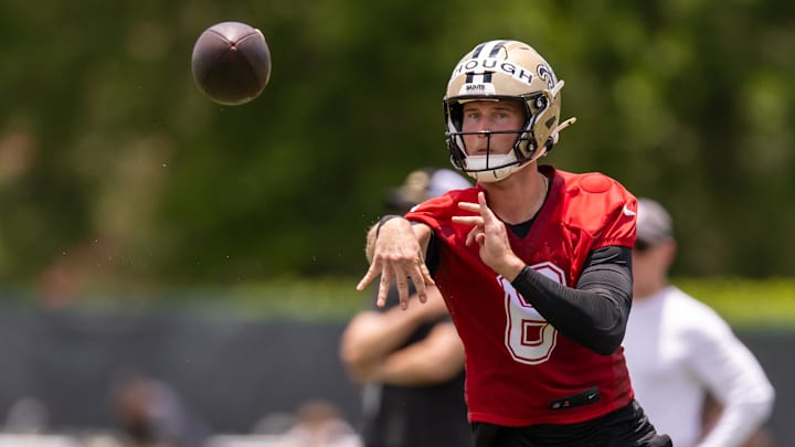 Jun 10, 2025; New Orleans, LA, USA;  New Orleans Saints quarterback Tyler Shough (6) on passing drills during minicamp at Ochsner Sports Performance Center. Mandatory Credit: Stephen Lew-Imagn Images