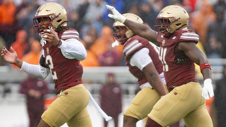 Sep 26, 2026; Chestnut Hill, Massachusetts, USA; Boston College Eagles defensive back KP Price (2) celebrates a stop with defensive lineman Favor Bate (41) and defensive lineman Cameron McGee (88) in the first half against the Virginia Tech Hokies at Alumni Stadium. Mandatory Credit: Edward Finan-Imagn Images Sep 26, 2026; Chestnut Hill, Massachusetts, USA; Boston College Eagles defensive back KP Price (2) celebrates a stop with defensive lineman Favor Bate (41) and defensive lineman Cameron McGee (88) in the first half against the Virginia Tech Hokies at Alumni Stadium. Mandatory Credit: Edward Finan-Imagn Images