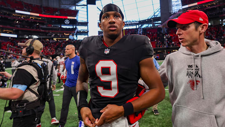Dec 22, 2024; Atlanta, Georgia, USA; Atlanta Falcons quarterback Michael Penix Jr. (9) on the field after a victory over the New York Giants at Mercedes-Benz Stadium. Mandatory Credit: Brett Davis-Imagn Images

