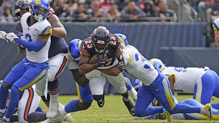 Roschon Johnson powers into the end zone against the Rams. The Bears running game has begun showing signs of life. Roschon Johnson powers into the end zone against the Rams. The Bears running game has begun showing signs of life.
