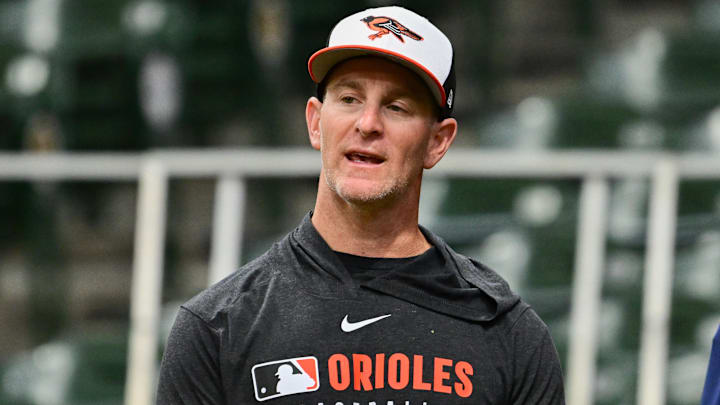 May 21, 2025; Milwaukee, Wisconsin, USA; Baltimore Orioles interim manager Tony Mansolino looks on during batting practice against the Milwaukee Brewers at American Family Field.