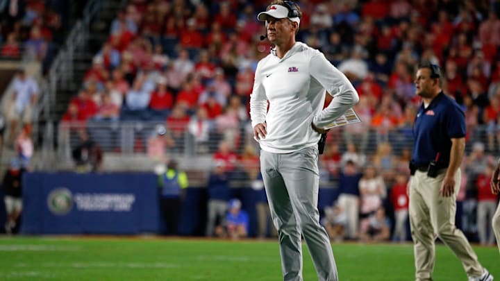 Nov 15, 2025; Oxford, Mississippi, USA; Mississippi Rebels head coach Lane Kiffin looks on during the first quarter against the Florida Gators at Vaught-Hemingway Stadium. Mandatory Credit: Petre Thomas-Imagn Images
