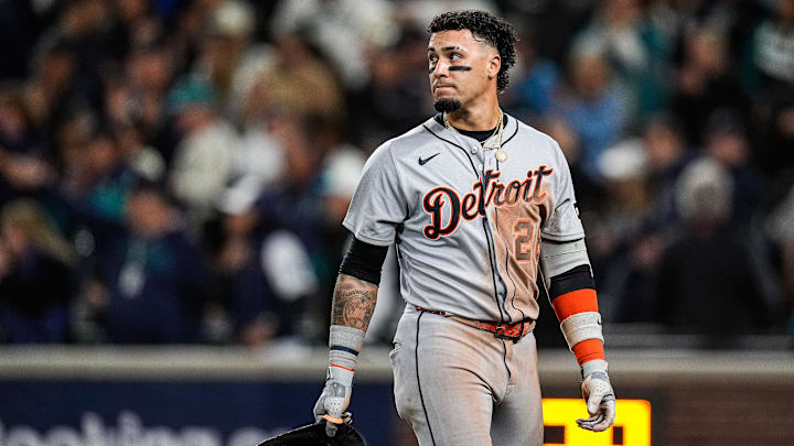 Tigers shortstop Javier Baez reacts after grounded out against Mariners during the 14th inning of ALDS Game 5 at T-Mobile Park in Seattle on Friday, Oct. 10, 2025.