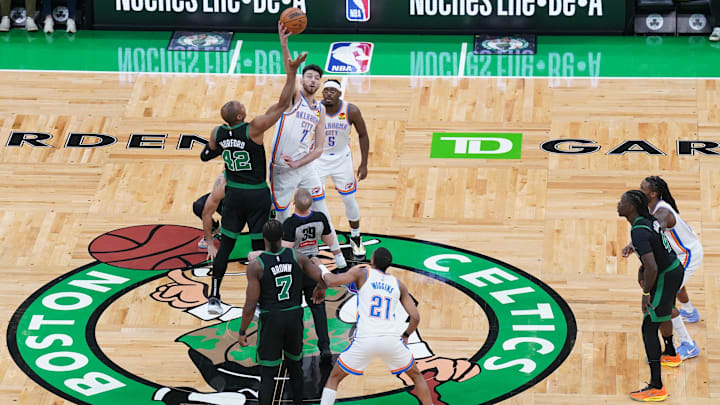 Mar 12, 2025; Boston, Massachusetts, USA; The Boston Celtics and Oklahoma City Thunder tip-off to start the game at TD Garden. Mandatory Credit: David Butler II-Imagn Images Mar 12, 2025; Boston, Massachusetts, USA; The Boston Celtics and Oklahoma City Thunder tip-off to start the game at TD Garden. Mandatory Credit: David Butler II-Imagn Images