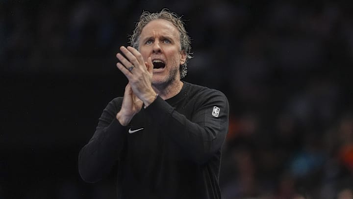 Jan 24, 2026; Charlotte, North Carolina, USA; Washington Wizards Head Coach Brian Keefe reacts during the second half against the Charlotte Hornets at the Spectrum Center. Mandatory Credit: Jim Dedmon-Imagn Images