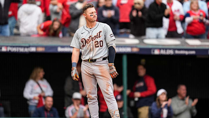Detroit Tigers first baseman Spencer Torkelson (20) reacts after struck out against Cleveland Guardians during the seventh inning at Game 5 of ALDS at Progressive Field in Cleveland, Ohio on Saturday, Oct. 12, 2024.