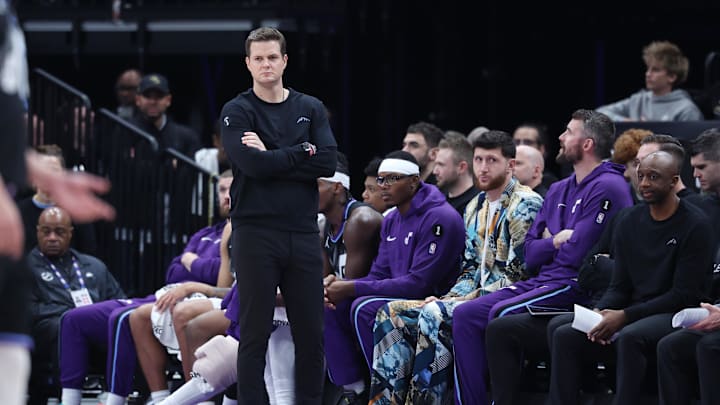Dec 15, 2025; Salt Lake City, Utah, USA; Utah Jazz head coach Will Hardy looks on during the second quarter of the game against the Dallas Mavericks at Delta Center. Mandatory Credit: Rob Gray-Imagn Images