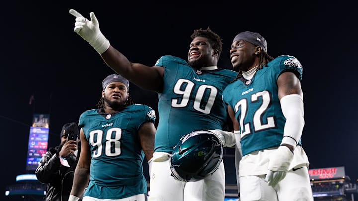 The Super Bowl champion Philadelphia Eagles are loaded with former Georgia Bulldogs including defensive tackles Jalen Carter (98) and Jordan Davis (90) and cornerback Kelee Ringo (22).